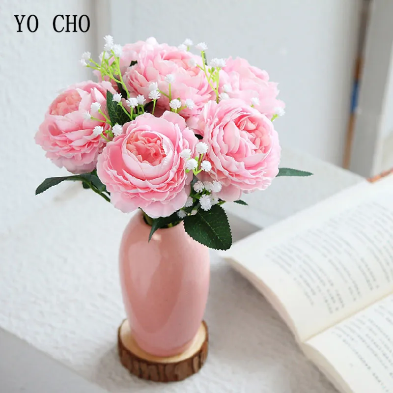 

YO CHO Artificial Flowers Fake Roses Silk Peonies Bouquet White Artificial Peonies for Decoration Wedding Home Party Decoration