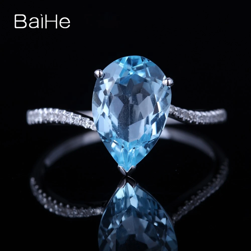 BAIHE Solid 14K белое золото 3.13CT груша безупречный настоящий голубой топаз подарок на