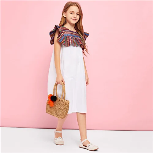 SHEIN Kiddie/белое платье с вырезом-замочкой на спине и контрастными пуговицами для девочек-подростков; вечерние платья для девочек; коллекция года; сезон лето; платье-трапеция без рукавов для девочек - Цвет: Белый