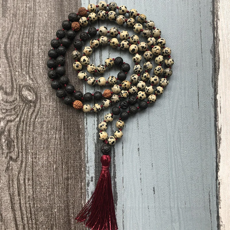 Лава камень Rudraksha Mala Neacklace 108 бисер для молитвы ювелирных изделий далматинь J asper