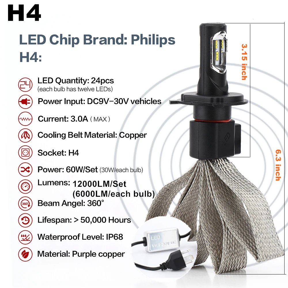 Вызывают H4 H13 9004 9007 Hi lo луч 60 W CSP автомобиля светодиодный фар кос излучающих 12000LM 6000 K Авто лампочки H1 H3 H27 H7 H11 HB3
