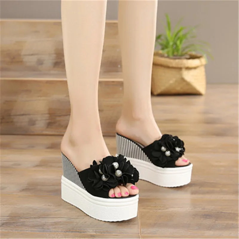 

MVP BOY New Korean female slippers student muffin thick-soled slippers Women fashion bow super high with 12 cm slippers black