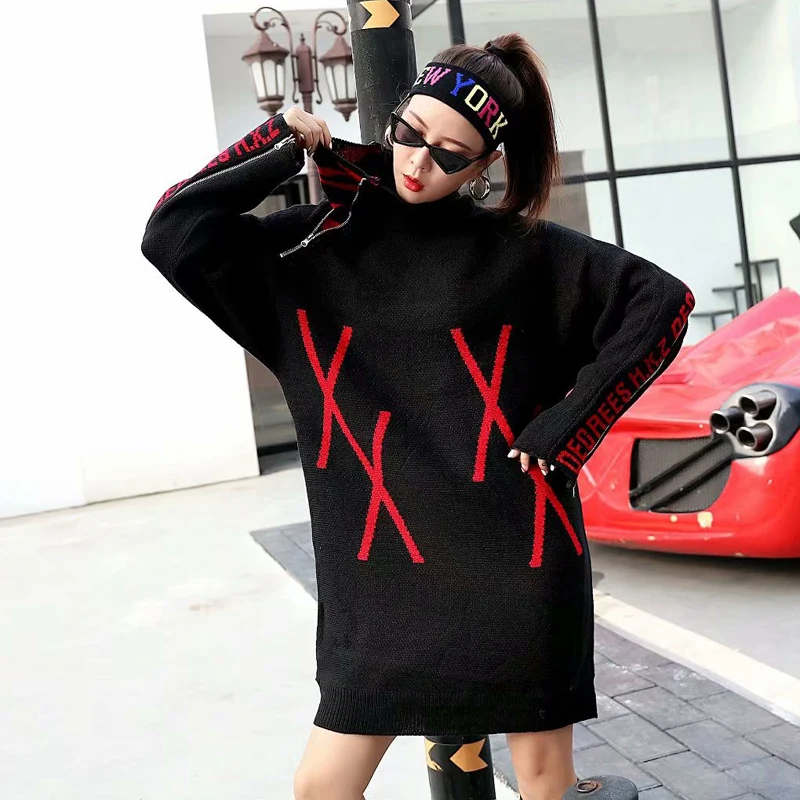 Tide brand 2018 autumn and winter new personality high collar handsome knit letter zipper color matching long sweater women | Женская