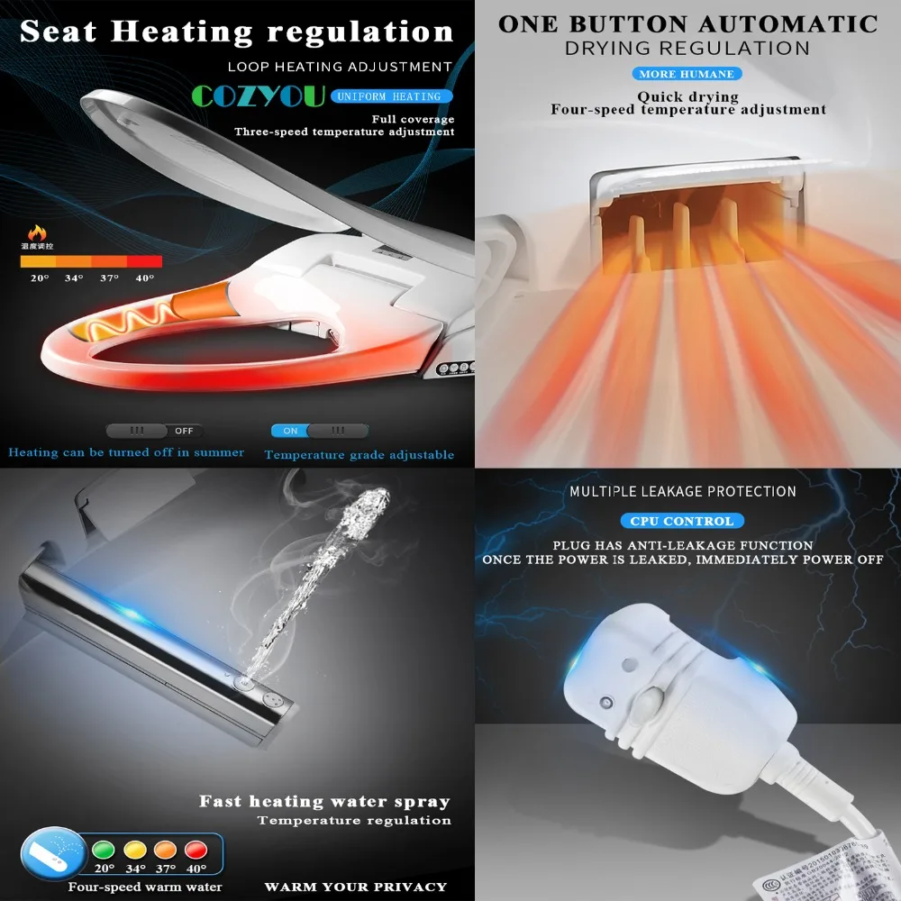 

Energy saving intelligent smart toilet seat U shape, Warranty, ABS, drying Bidet heating SPA deodorizing night light ZNGB18191U