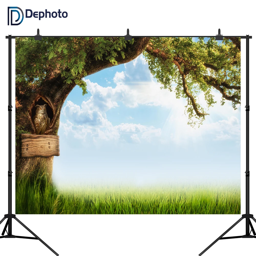 DePhoto фоны для фотосъемки голубое небо белые облака луга сказочная елка сова