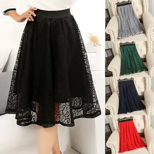Женская длинная юбка А-силуэта, тонкая трапециевидная сетчатая юбка с кружевом на талии, весна-лето 2022
