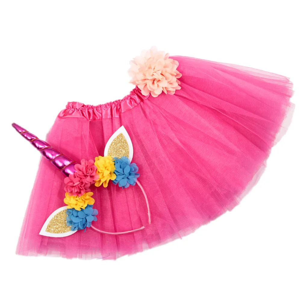 

2Pcs/Set Unicorn Headband TuTu Skirt Baby Birthday Party Dress Flowers Glitter Ears Hairband Girls Children Hair Accessories