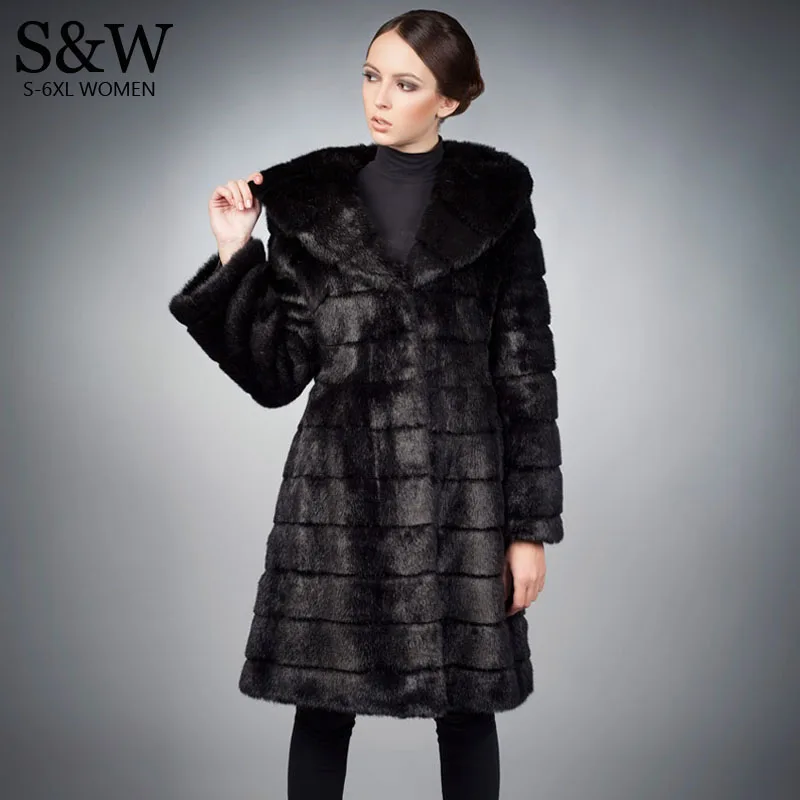 

5XL 6XL Plus Size Women Warm Winter Coats Long Faux Fur Coat Black Synthetic Rabbit Fur Coat Faux Fur Jacket with a big hood