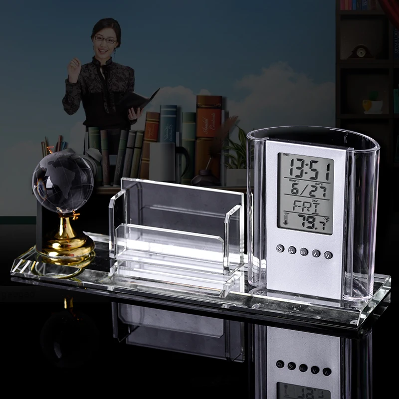 New Modern Crystal Glass Fantastic Pen Holder with Globe Calendar Clock Temperature Office Home Decoration Gift for Leader