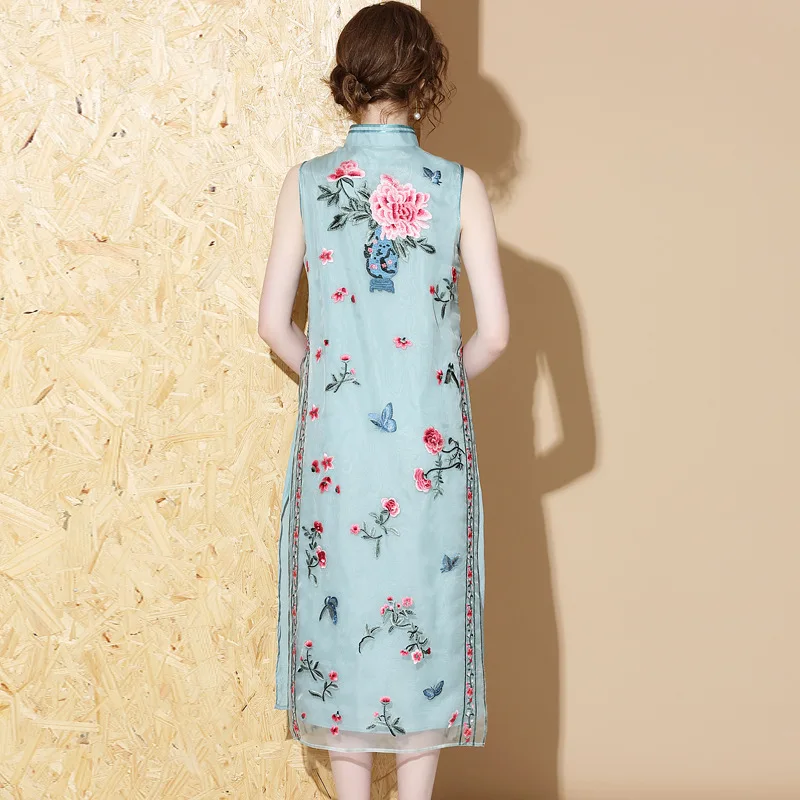 Шелковое платье cheongsam с вышивкой и воротником стойкой супер сказочное мозаичное