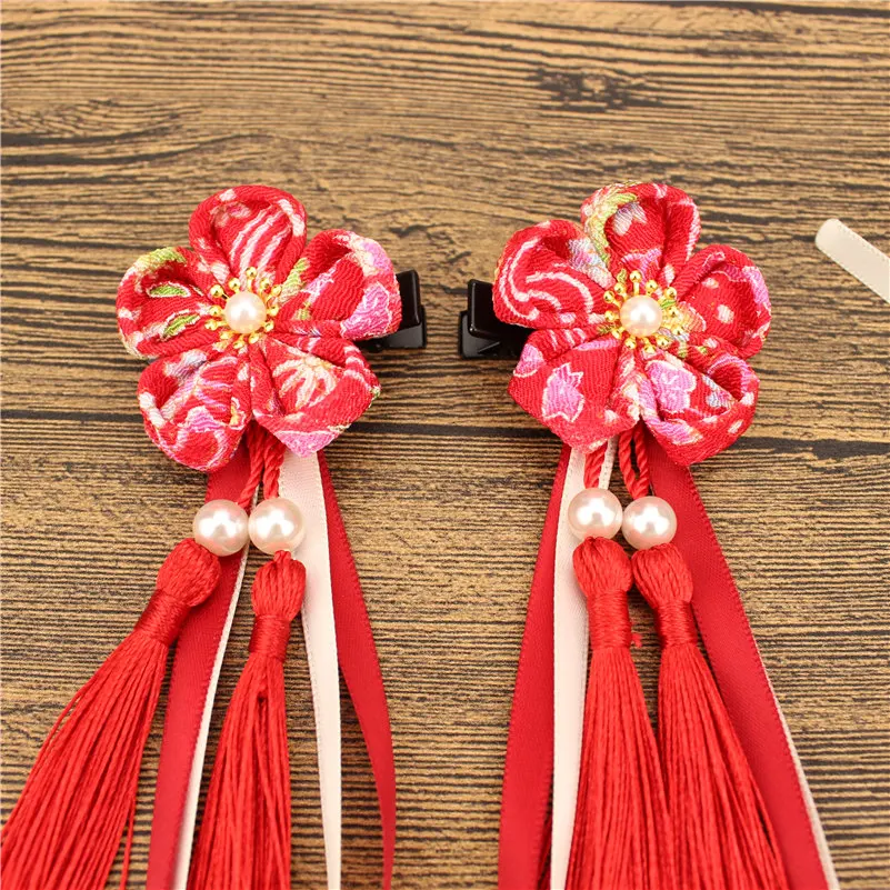 Заколки для волос Kanzashi юката ленты кисточки красные розовые девочек цветок