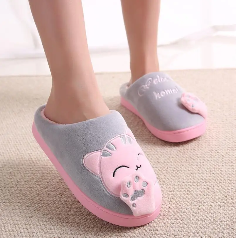Slippers Grey NOOLIM/зимние женские тапочки с изображением из мультфильма Lucky Cat; нескользящая домашняя обувь; мужская домашняя обувь для влюбленных пар; теплая плюшевая обувь - Цвет: Slippers Grey