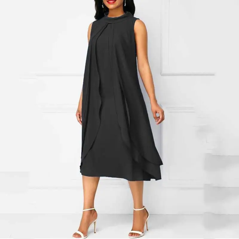 Офисное повседневное летнее платье для женщин 2019 черное без рукавов с Рюшами