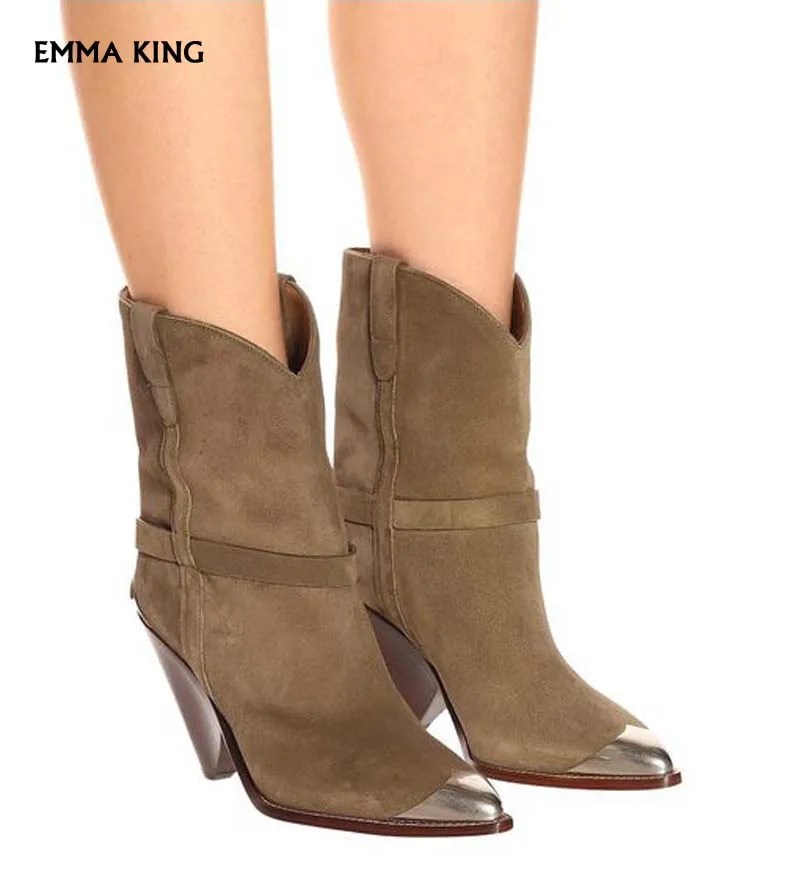 Замшевые Сапоги женские ковбойские сапоги с острым носком и металлическим