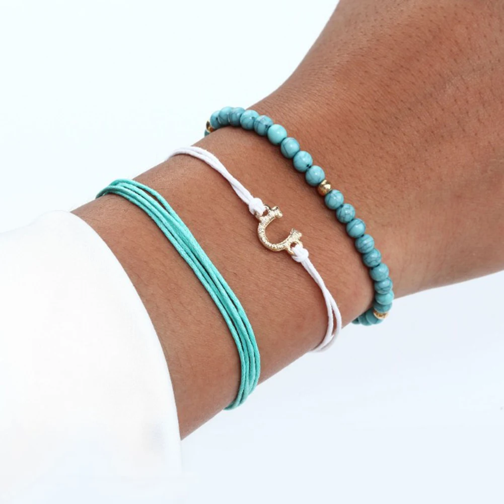 Женский разноцветный браслет из шнурка набор 3 предметов в богемном стиле с