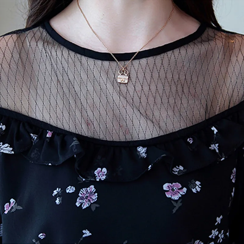 Для женщин Блузка шифон Цветочные Blusas Feminina короткий рукав топы с открытыми