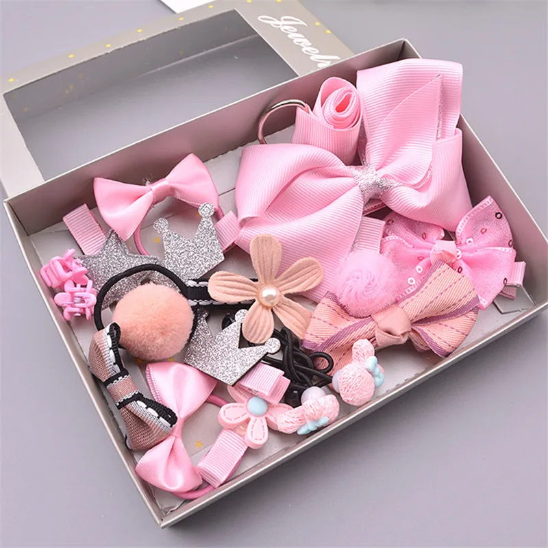 1 Set(17pcs) Mix Style Girls Hair Bows Kits with Full Covered Clips Hairclips Ties Crown Kids' Accessories | Детская одежда и