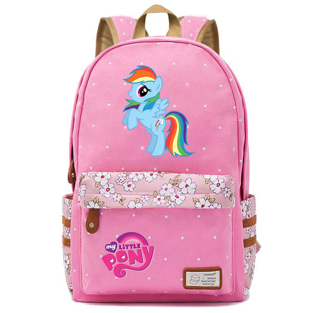 703CHK-16 Kawaii My Little Pony Rainbow Dash Pinkie Pie с цветами в горошек, школьная сумка для мальчиков и девочек, женский рюкзак, Подростковый холщовый женский рюкзак - Цвет: 703CHK-16