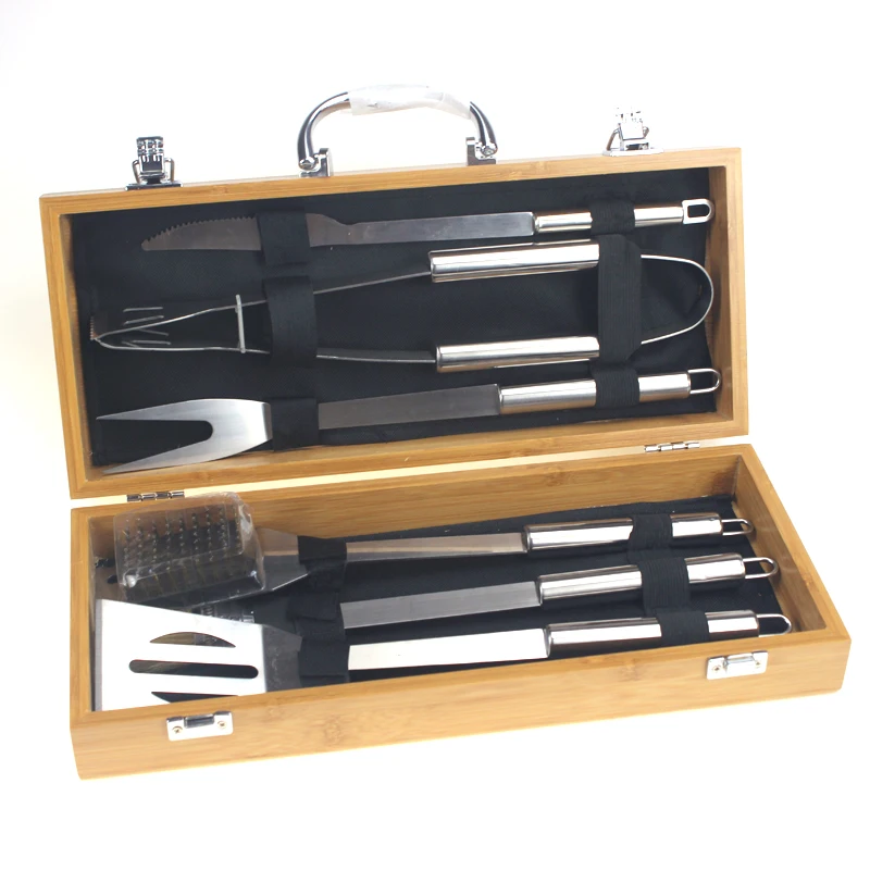 

BEEMSK 6PCS/SET Wooden Box Barbecue Tools Outdoor Camping BBQ Grill Set
