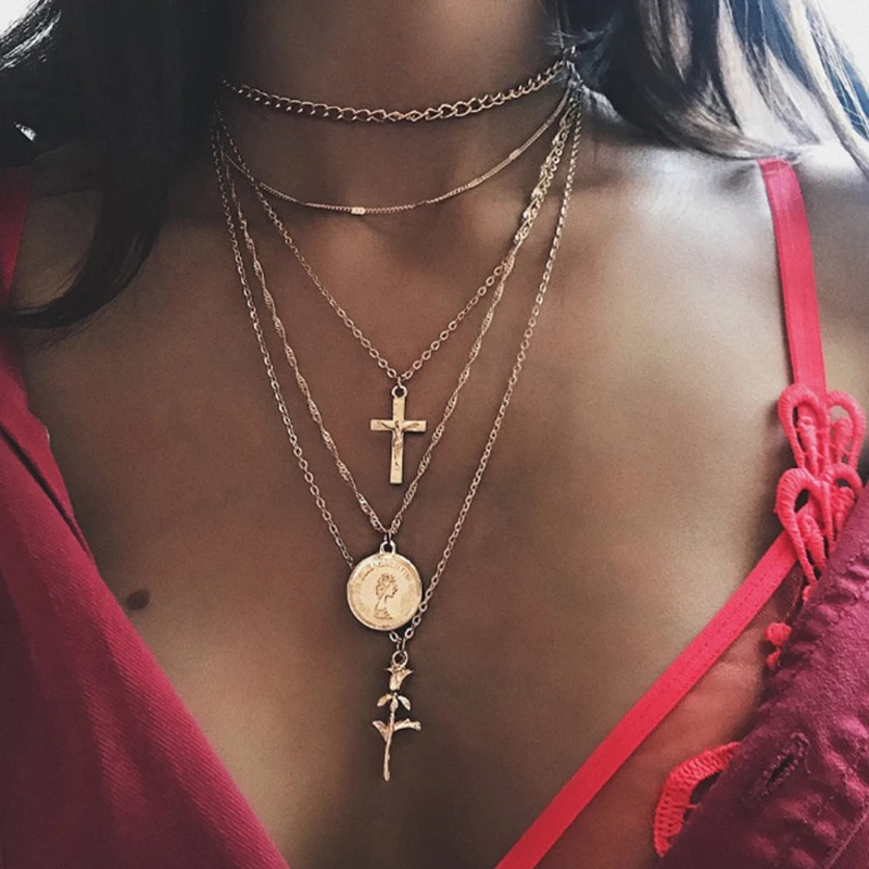 New multi-layer hot style cross coin head necklace with rose combination amazon exaggeration | Украшения и аксессуары