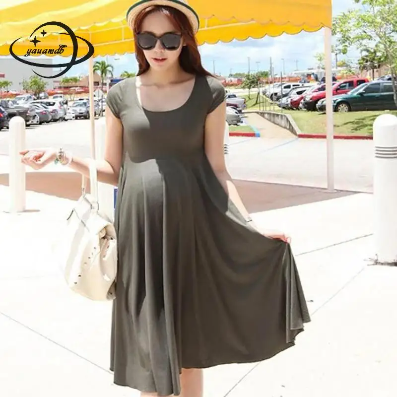 Free Size Maternity Women Dresses Summer Female Short Sleeve Straight Solid Color Knee-Length O-Neck Ladies Loose Clothes Y41