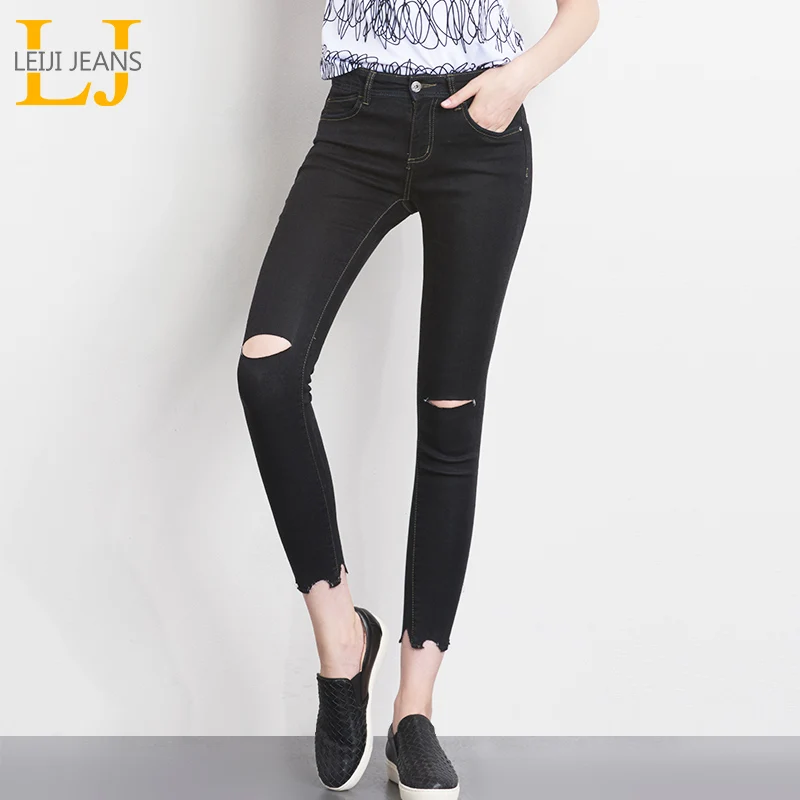 LEIJIJEANS Осенние Доступные размера плюс 6XL с кисточками потрепанные черные джинсы