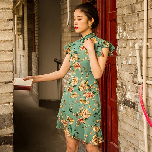 Летнее платье женское классический элегантный Cheongsam китайский стиль короткий