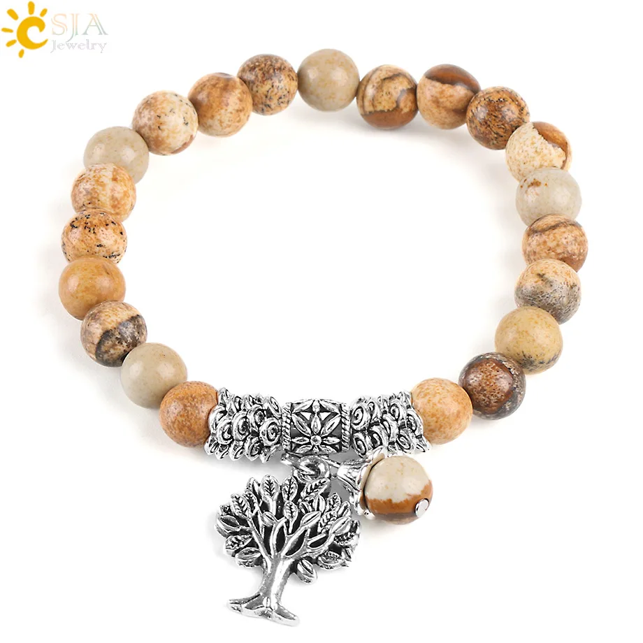 Природное изображение CSJA Φ Pulseras дерево жизни браслет с драгоценным камнем Rosary