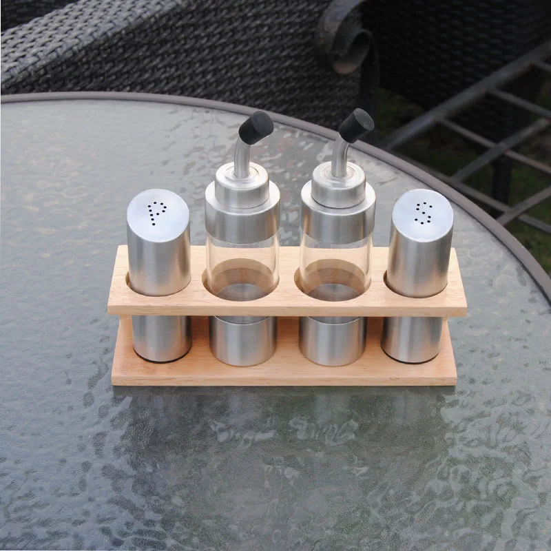 

5pcs Stainless Steel Olive Oil Vinegar Salt Pepper Shakers with Two Layered Stand Kitchen Rack Kitchen Tool set Christmas Gifts