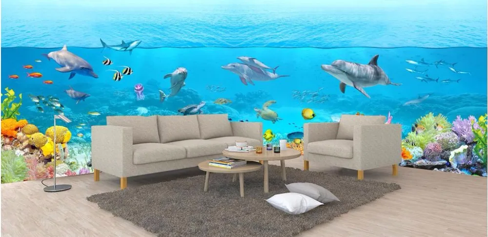 3d обои на заказ роспись фото морской водный Дельфин коралловые рыбы украшение