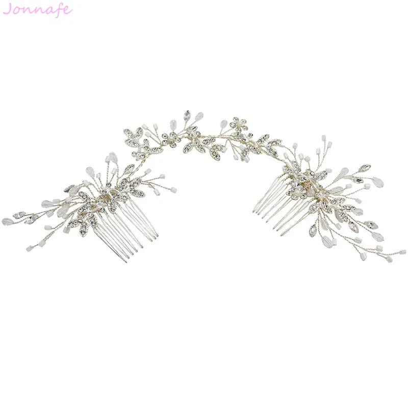 Jonnafe Silver Color Bridal Long Hair Comb Vine Rhinestone Leaf Wedding Headpiece Ornament Women Accessories | Украшения и