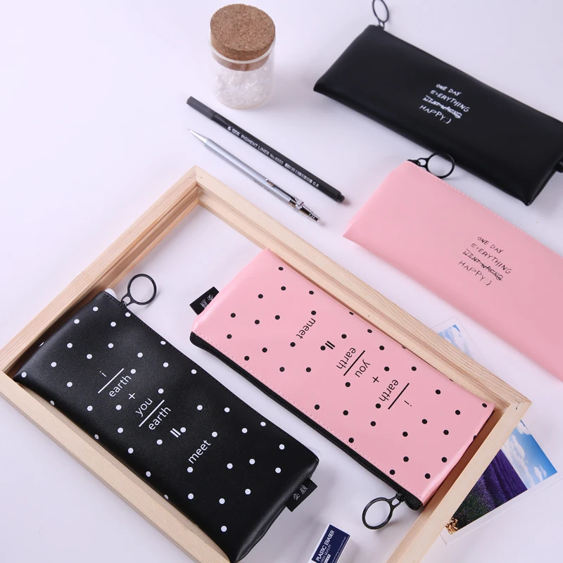 Cute Pink pencil case for girls Kawaii Black white Dot Pu Leather Pen Bag Stationery Pouch Office School Supplies Zakka escolar |