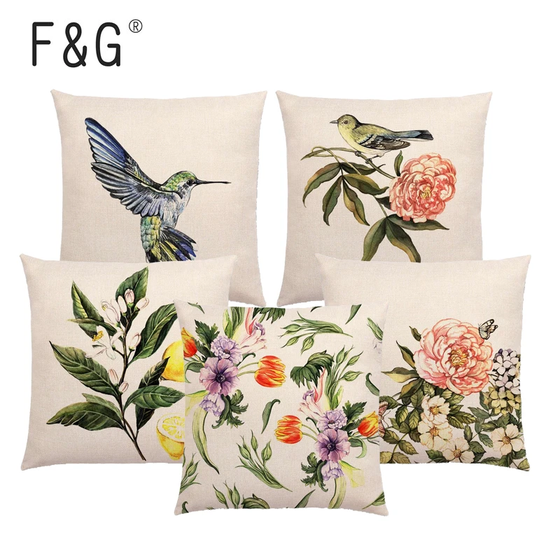 

Watercolor Plant Animal Cushion Cover Lovely Bird Flower Rose Raspberry Lemon Dill Clove Home Decoration Sofa Pillowcase