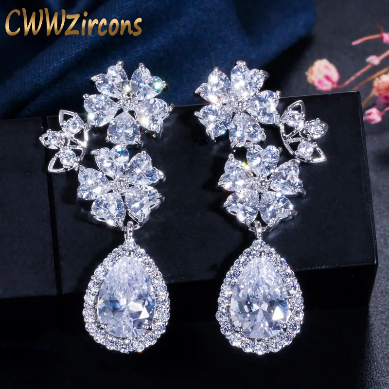 CWWZircons Свадебные Длинные Серьги с Большим Каплевидным Кубическим Цирконием и Фианитами в Форме Сердца для Невест CZ199