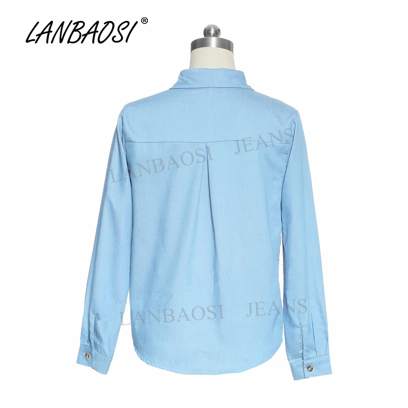 LANBAOSI джинсовые женские светло голубые рубашки повседневные свободные из хлопка