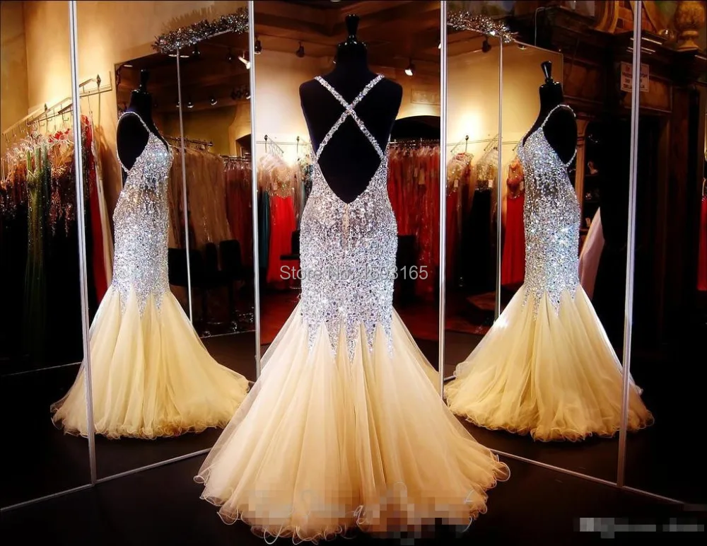 Блестящие выпускного вечера платье русалка с v-образным вырезом спагетти ремни