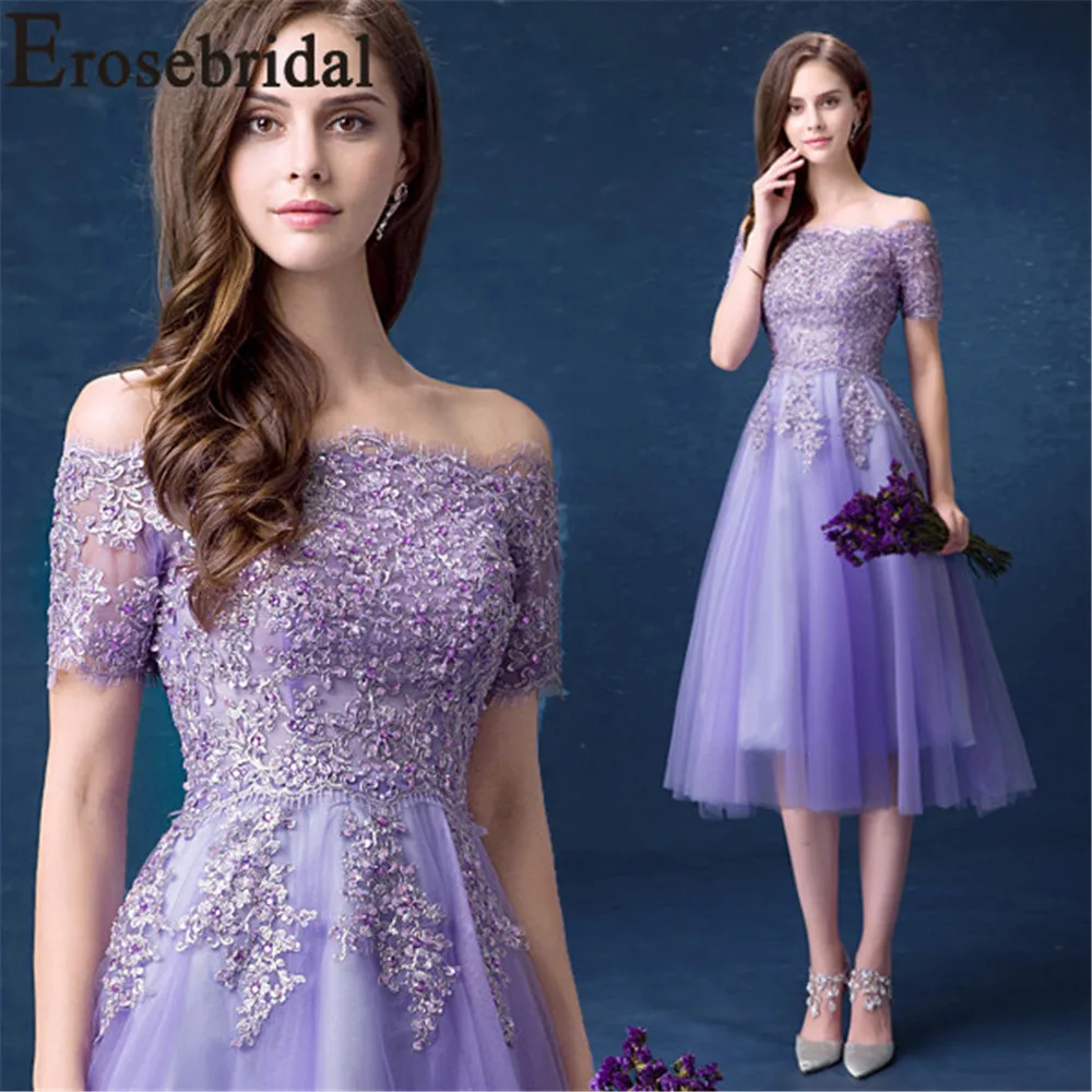 Erosrbridal/фиолетовые короткие платья для выпускного вечера; Новинка года; платье длиной до колена с коротким рукавом; элегантное кружевное бисерное платье на молнии сзади