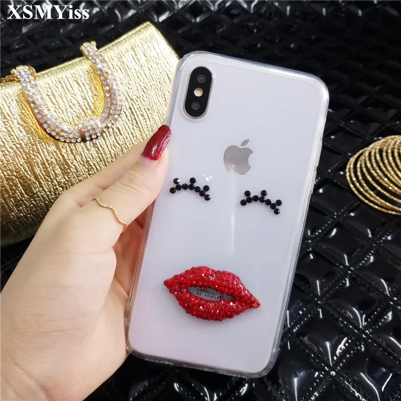 

For Samsung S6 S7 S8 S9 S10 S20 S21 PLUS Note 5 8 9 10 20 Phone Case Bling Rhinestone Diamond Lips Soft Transparent TPU Cover