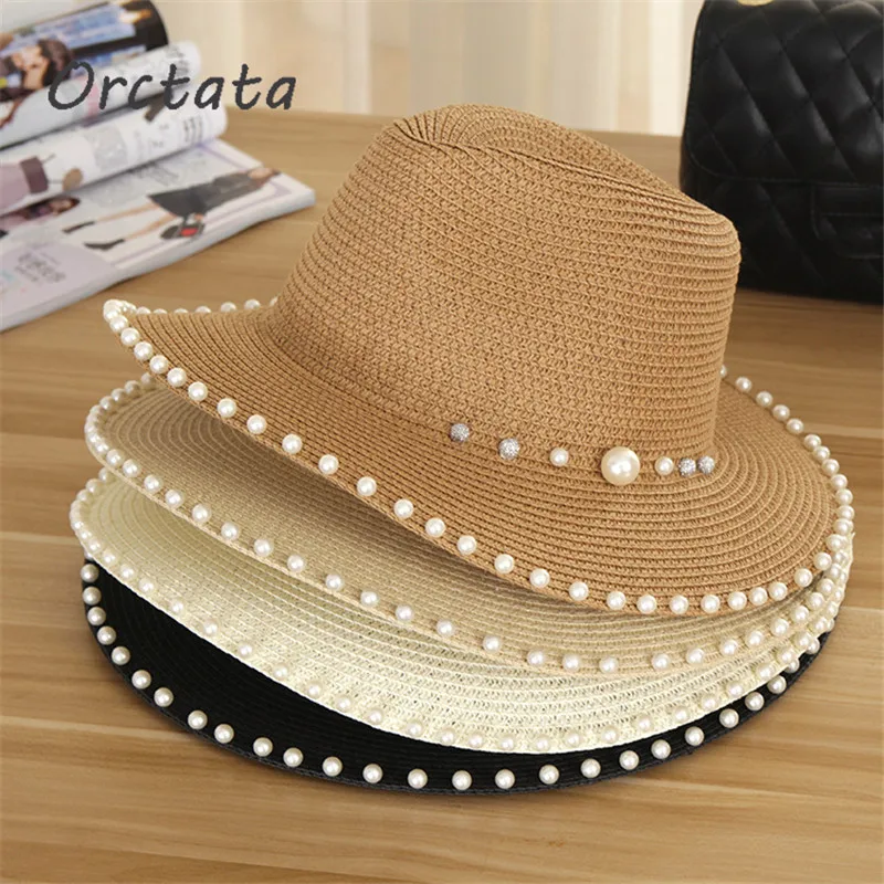 

Vintage Straw Panama Sun Hat for Women Cap Handmade Fashion Female Fedora Beach Pearl Wide Brim Visors Hat Womens Summer Caps