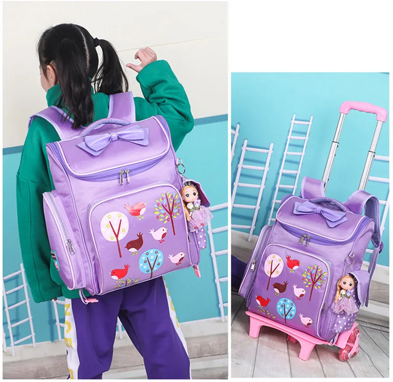 

Grades 3-6 Removable Children School Bags With 2/6 Wheels Kids Trolley Schoolbag Book Bags cute bow girls Wheeled Backpack