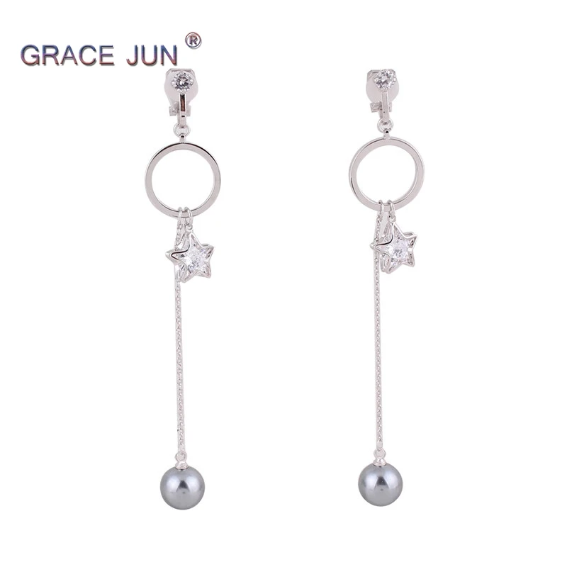 Фото GRACE JUN женские серьги-клипсы с искусственным жемчугом и пятиконечным кругом без пирсинга, высококачественные длинные серьги с кисточками №1