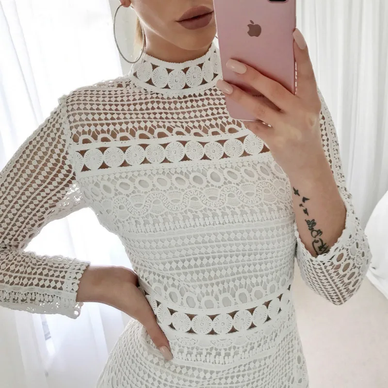 Spring Long-sleeve Dress Sexy Lace Splice Dresses White Sleeveless Short Pencil Party / Office | Женская одежда