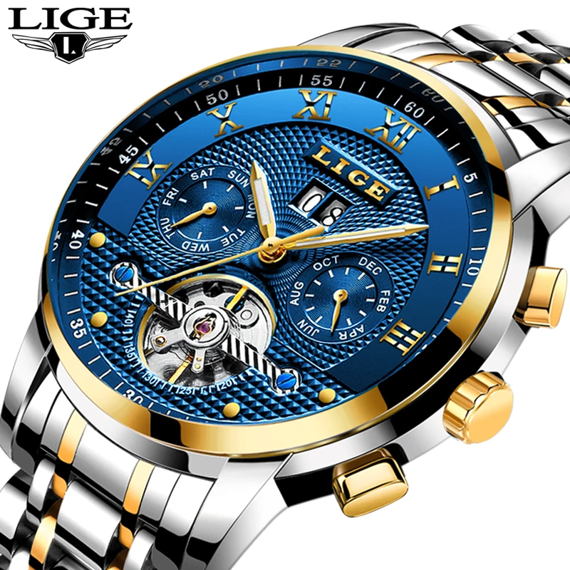 

LIGE 2019 New Men Watch Top Brand Luxury Business Automatic Machinery Men's Watches Full Steel Waterproof Man Clock Watchs box