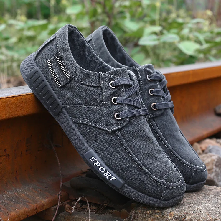 grey lace up Модная мужская парусиновая обувь; Мужская Летняя Повседневная обувь из джинсовой ткани; мужские кроссовки; Лоферы без застежки; мокасины для вождения; chaussure homme; Цвет Черный; H71 - Цвет: grey lace up