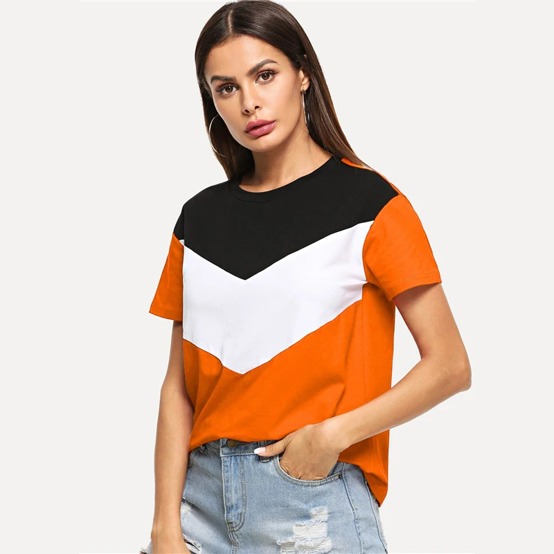SweatyRocks Cut and Sew Tee многоцветный короткий рукав круглый вырез пэчворк повседневные топы женские летние Athleisure футболка с цветными деталями