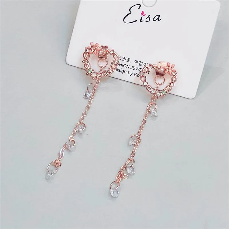 MENGJIQIAO Корейская Новая Мода Bijoux сладкий цветок сердце падение Pendientes Mujer Moda Блестящий Циркон кисточкой серьги для женщин