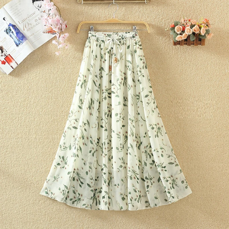 Винтажные макси юбки для женщин с принтом Boho шифон Saia Длинные летние платья Тюль