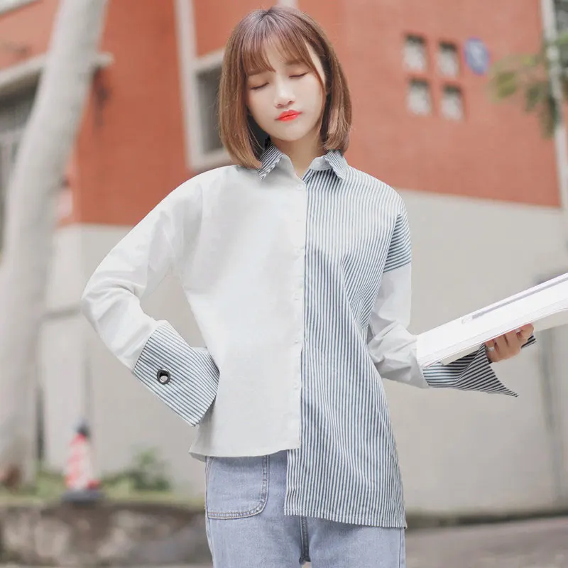 

New Women's Stripep Shirt Spring 2019 Fashion Office Lady Style Irregular hem spliced striped Full-Sleeve shirt Female