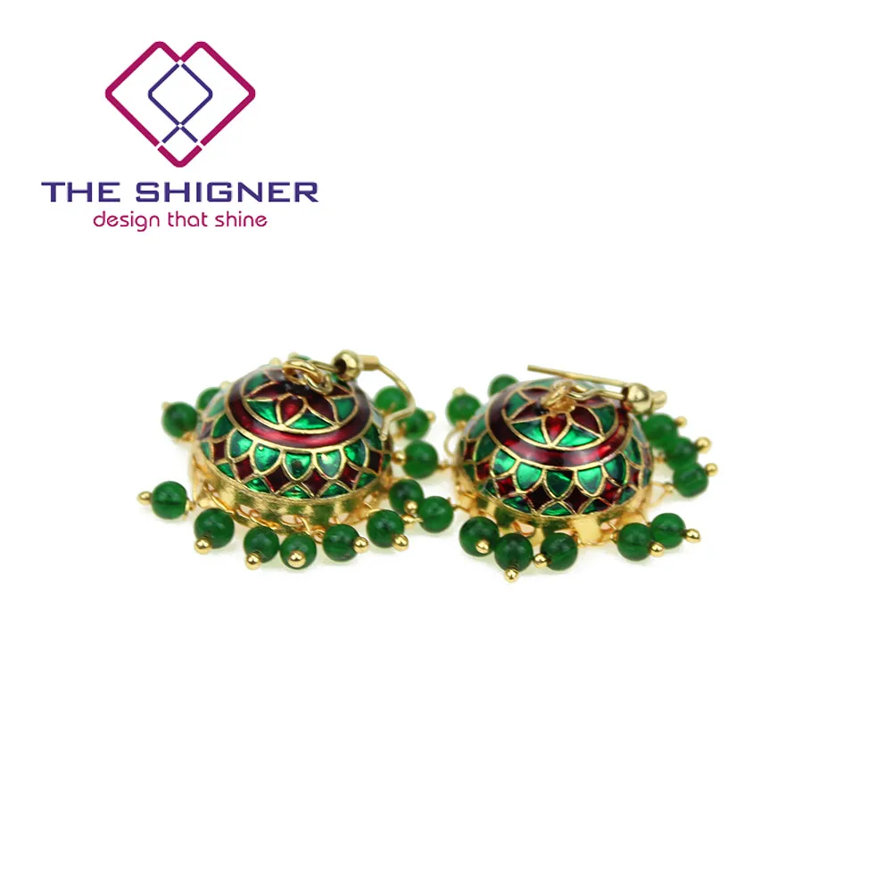 Классические индийские эмалированные сережки Meenakari золотого оттенка Jhumka Jhumki