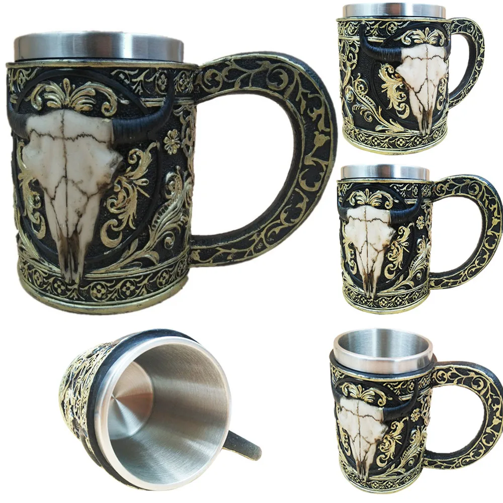 3D creative personality cow head mug Halloween Tankard Coffee Mug Cup Cool Stainless Steel Tea hot Skull Gift 4.30 | Дом и сад